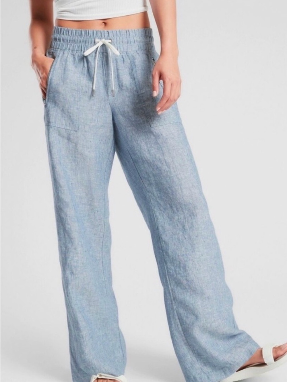 Athleta Cabo Linen Wide-Leg Drawstring Pants - Light Blue Beachy Coastal Resort